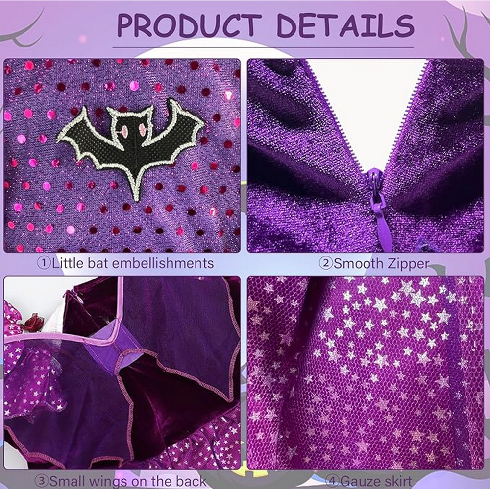 Costum de vrajitoare pentru Fetite – Rochita de Vrajitoare Mov cu Accesorii, Palarie, Bagheta, Saculet Dulciuri, REIWIDE, marime 130 [2]
