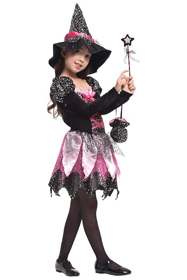Costum de Vrajitoare pentru fetite, Willheoy, set din 4 piese - Rochie, Palarie, Bagheta si Gentuta, tinuta cosplay, Halloween, petrecere, bal mascat [3]