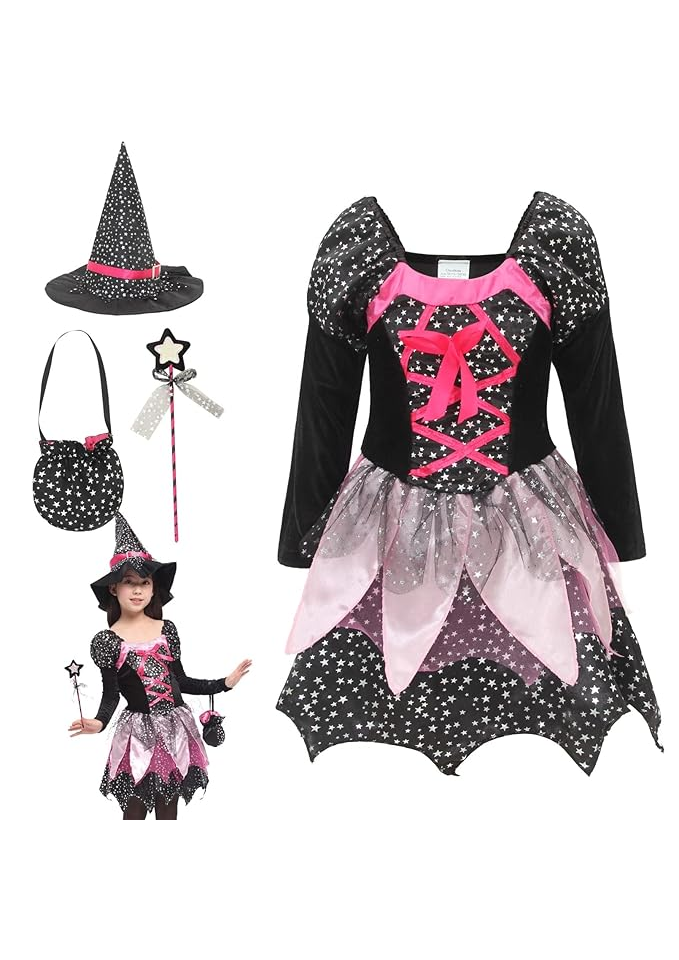 Costum de Vrajitoare pentru fetite, Willheoy, set din 4 piese - Rochie, Palarie, Bagheta si Gentuta, tinuta cosplay, Halloween, petrecere, bal mascat [6]