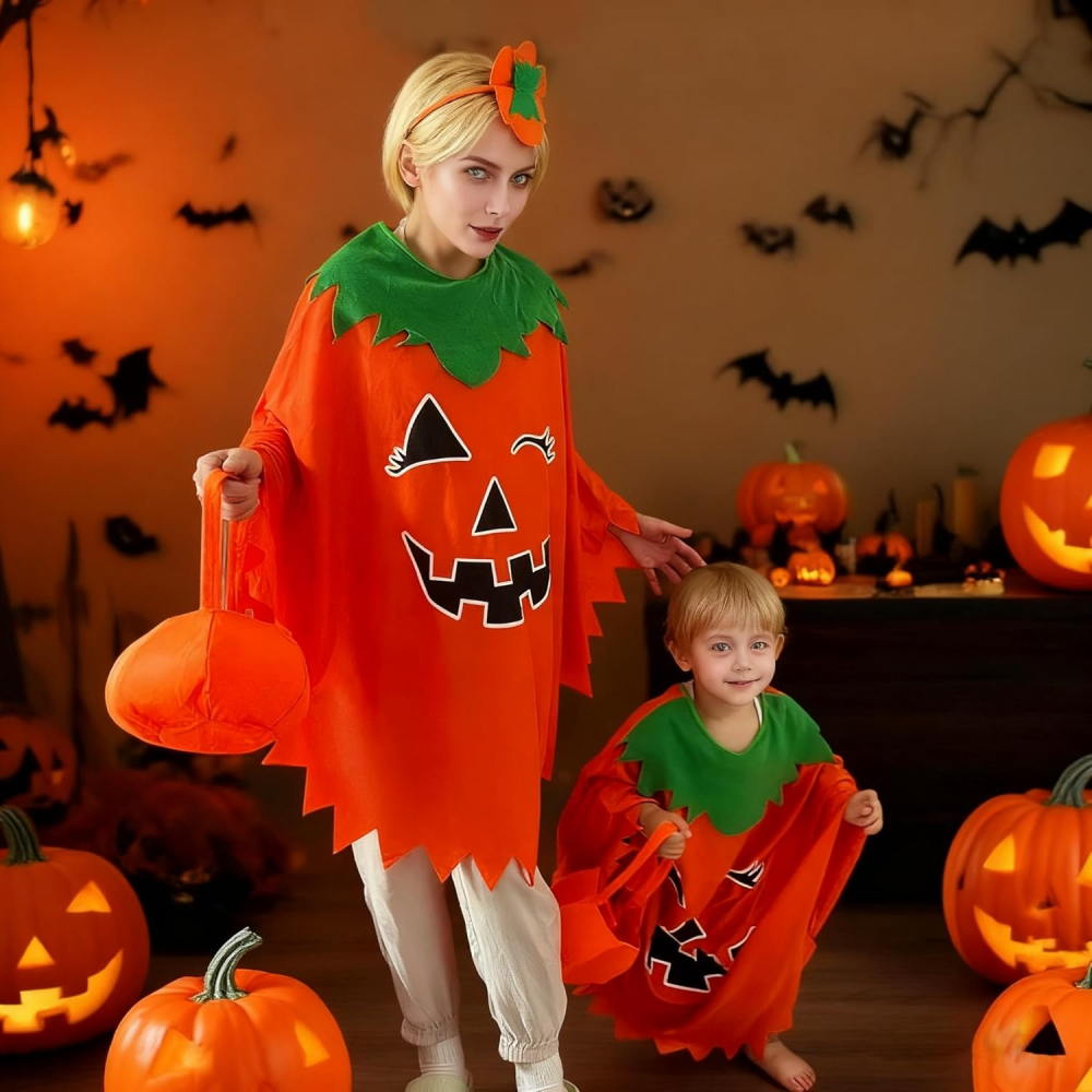 Costum dovleac pentru copii cu poncho, bentita si cosulet pentru bomboane. [5]