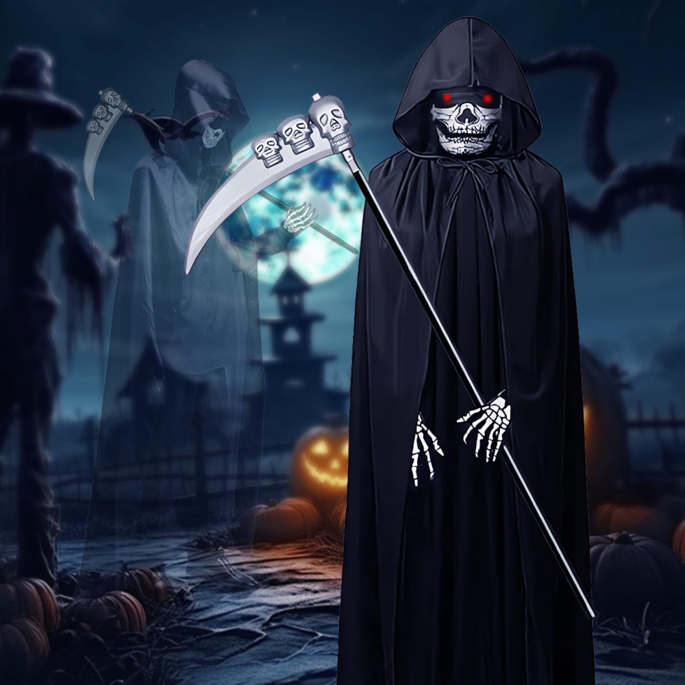 Costum Grim Reaper adult negru cu pelerina lunga 145 cm masca schelet coasa si manusi Halloween [2]