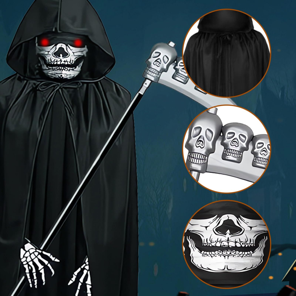 Costum Grim Reaper adult negru cu pelerina lunga 145 cm masca schelet coasa si manusi Halloween [3]