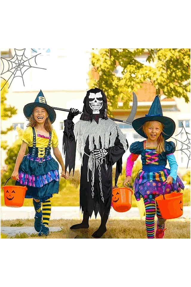 Costum Grim Reaper, set din 6 piese, BARVERE, Masca Moartea fioroasa, mantie, manusi cu schelet, coasa, sfoara si lant, tinuta cosplay, deghizare Halloween, petrecere, bal mascat [3]