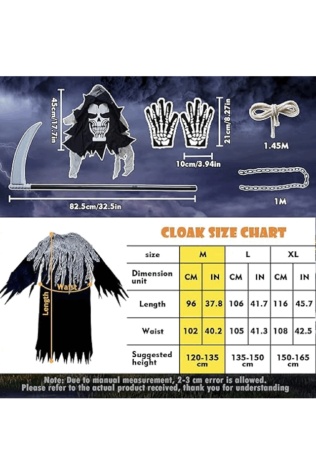 Costum Grim Reaper, set din 6 piese, BARVERE, Masca Moartea fioroasa, mantie, manusi cu schelet, coasa, sfoara si lant, tinuta cosplay, deghizare Halloween, petrecere, bal mascat [4]