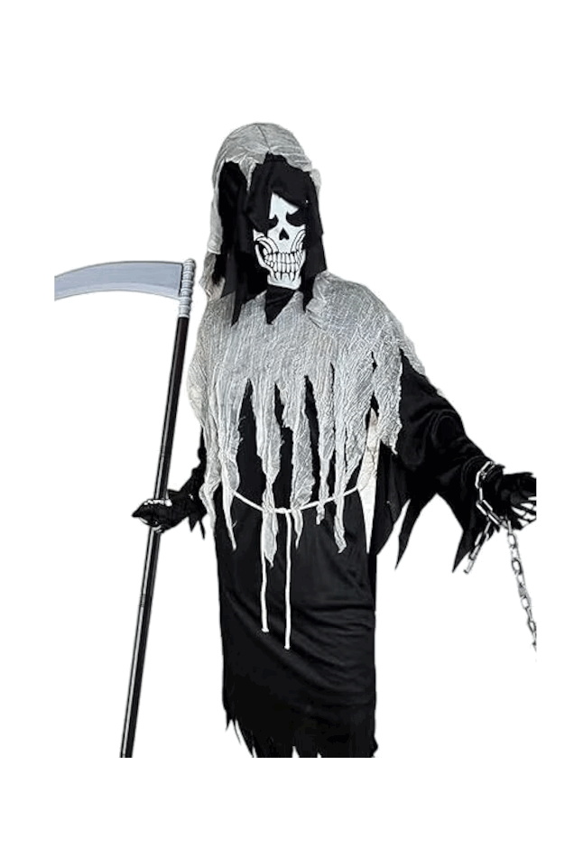 Costum Grim Reaper, set din 6 piese, BARVERE, Masca Moartea fioroasa, mantie, manusi cu schelet, coasa, sfoara si lant, tinuta cosplay, deghizare Halloween, petrecere, bal mascat [1]