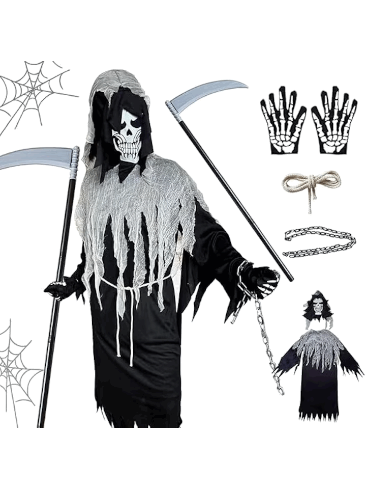 Costum Grim Reaper, set din 6 piese, BARVERE, Masca Moartea fioroasa, mantie, manusi cu schelet, coasa, sfoara si lant, tinuta cosplay, deghizare Halloween, petrecere, bal mascat [2]