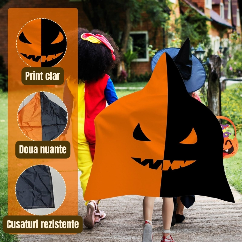 Costum halloween copii pelerina dovleac cu gluga tatuaje glow si cosulet bomboane [5]