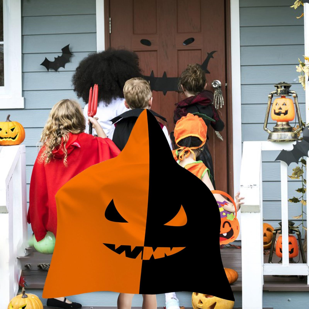 Costum halloween copii pelerina dovleac cu gluga tatuaje glow si cosulet bomboane [3]