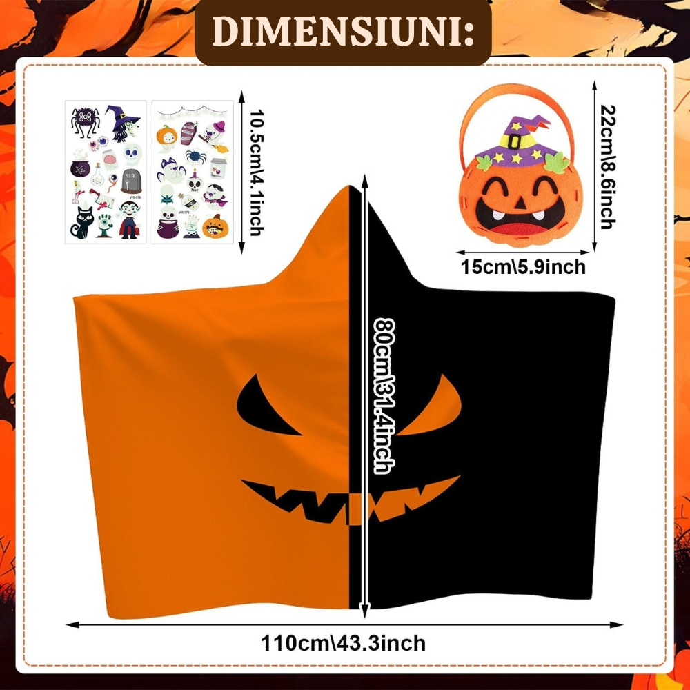Costum halloween copii pelerina dovleac cu gluga tatuaje glow si cosulet bomboane [2]
