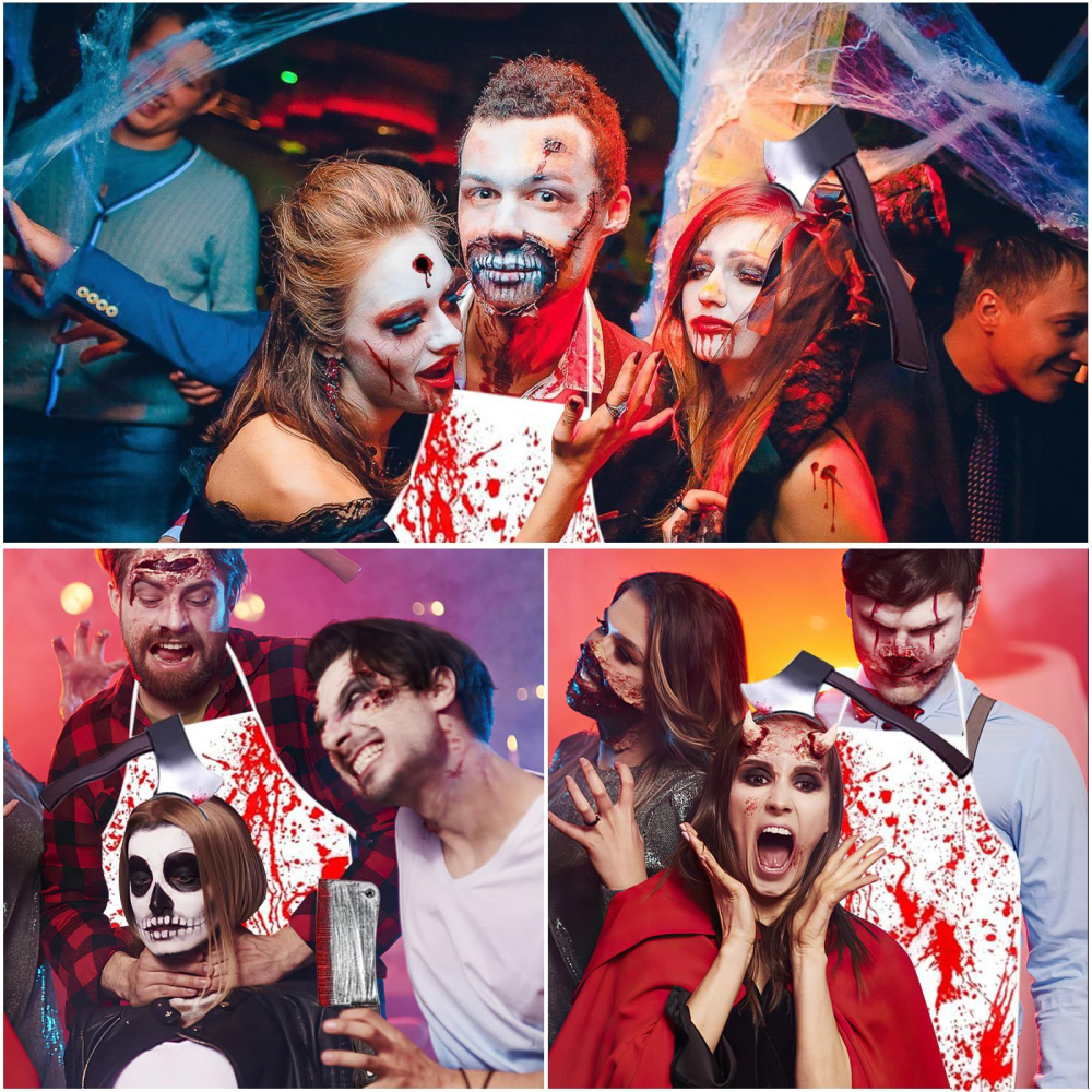 Costum macelar Halloween unisex cu sort insangerat, barda, satar si tatuaje cicatrici [5]