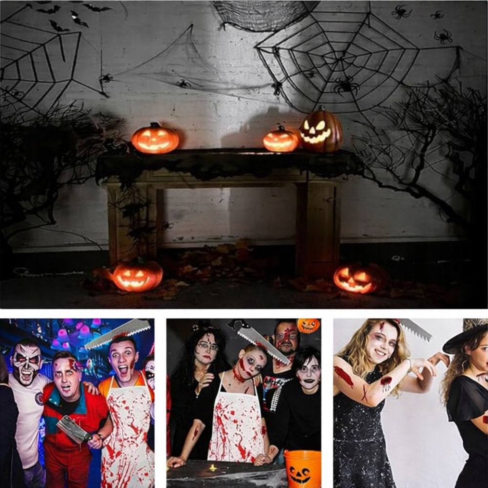 Costum macelar Halloween unisex cu sort insangerat, fierastrau, satar si tatuaje cicatrici [5]