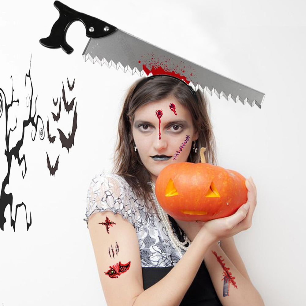 Costum macelar Halloween unisex cu sort insangerat, fierastrau, topor, satar si tatuaje cicatrici [6]