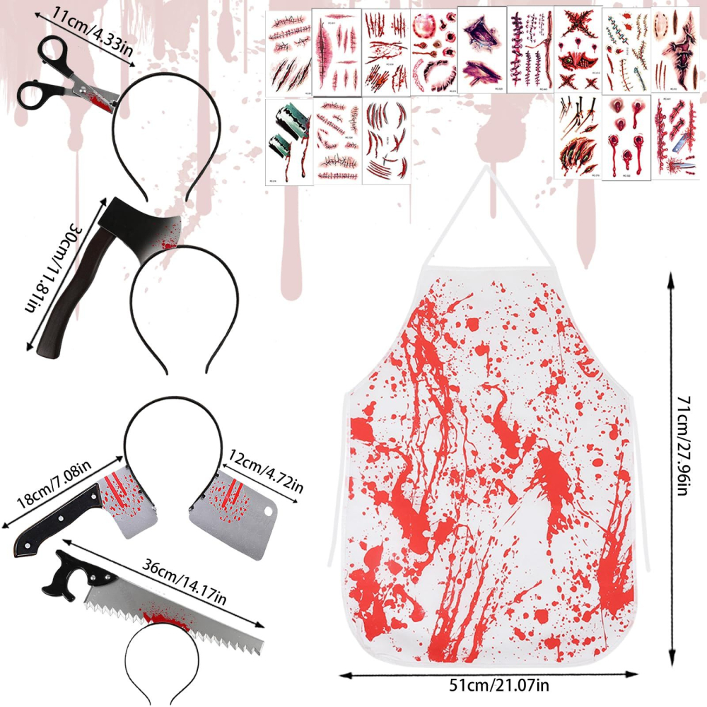 Costum macelar Halloween unisex cu sort insangerat, fierastrau, topor, satar si tatuaje cicatrici [2]