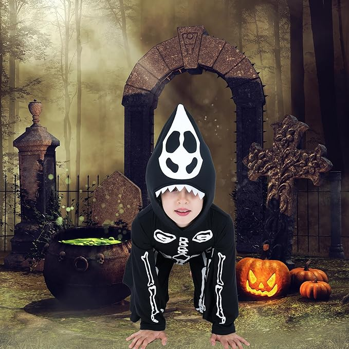 Costum Liliac Schelet Copii, Fosforescent – Strălucește în Întuneric -  Negru, Combinezon cu Glugă și Aripi Atașate, Marime L, 7-9 ani [6]