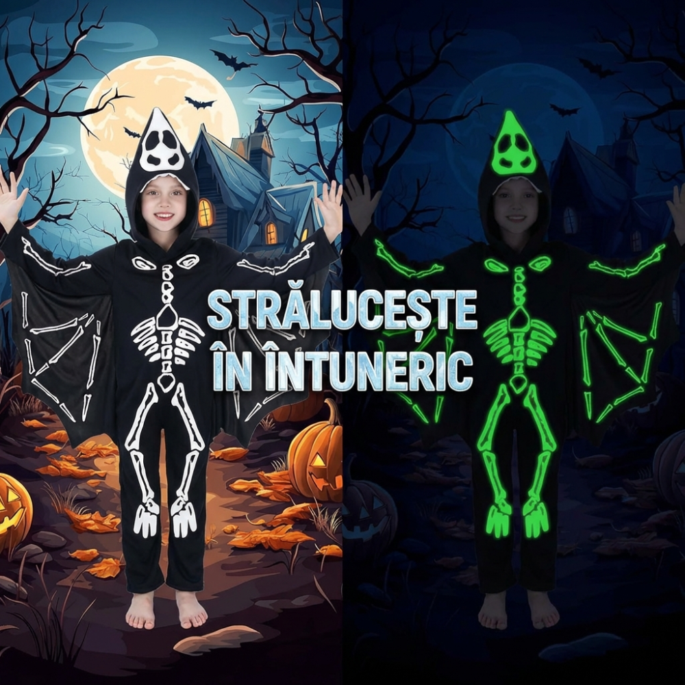 Costum Liliac Schelet Copii, Fosforescent – Strălucește în Întuneric -  Negru, Combinezon cu Glugă și Aripi Atașate, Marime L, 7-9 ani [2]