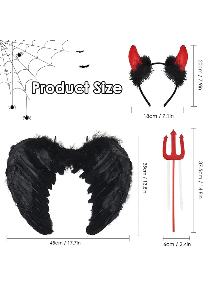 Costum pentru copii Aripi de înger întunecat, Coarne de diavol și Trident, 45 cm, PARTT [6]