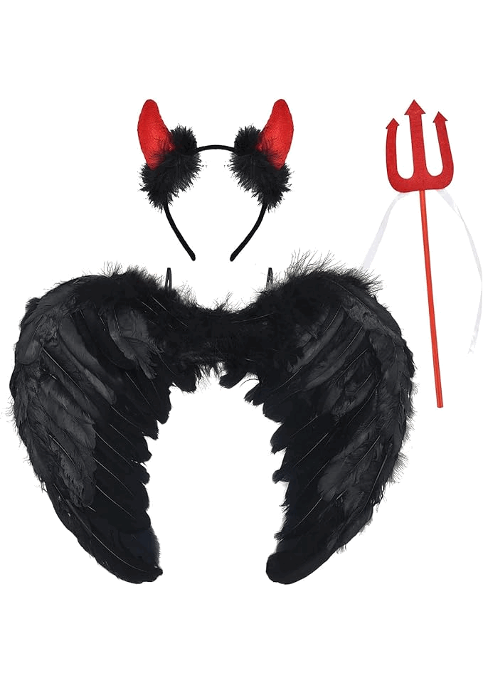 Costum pentru copii Aripi de înger întunecat, Coarne de diavol și Trident, 45 cm, PARTT [1]