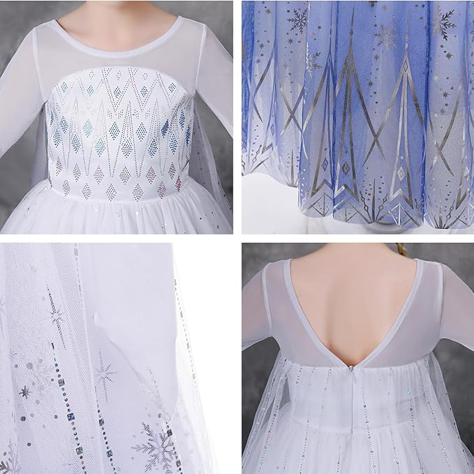 Costum Prințesa Elsa pentru Fete – Rochie Frozen cu Trena, Coroană și Baghetă Magică, Alb–Albastru, Marime 140 [6]
