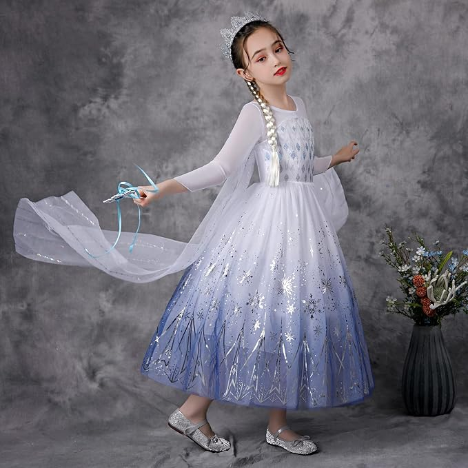 Costum Prințesa Elsa pentru Fete – Rochie Frozen cu Trena, Coroană și Baghetă Magică, Alb–Albastru, Marime 140 [2]