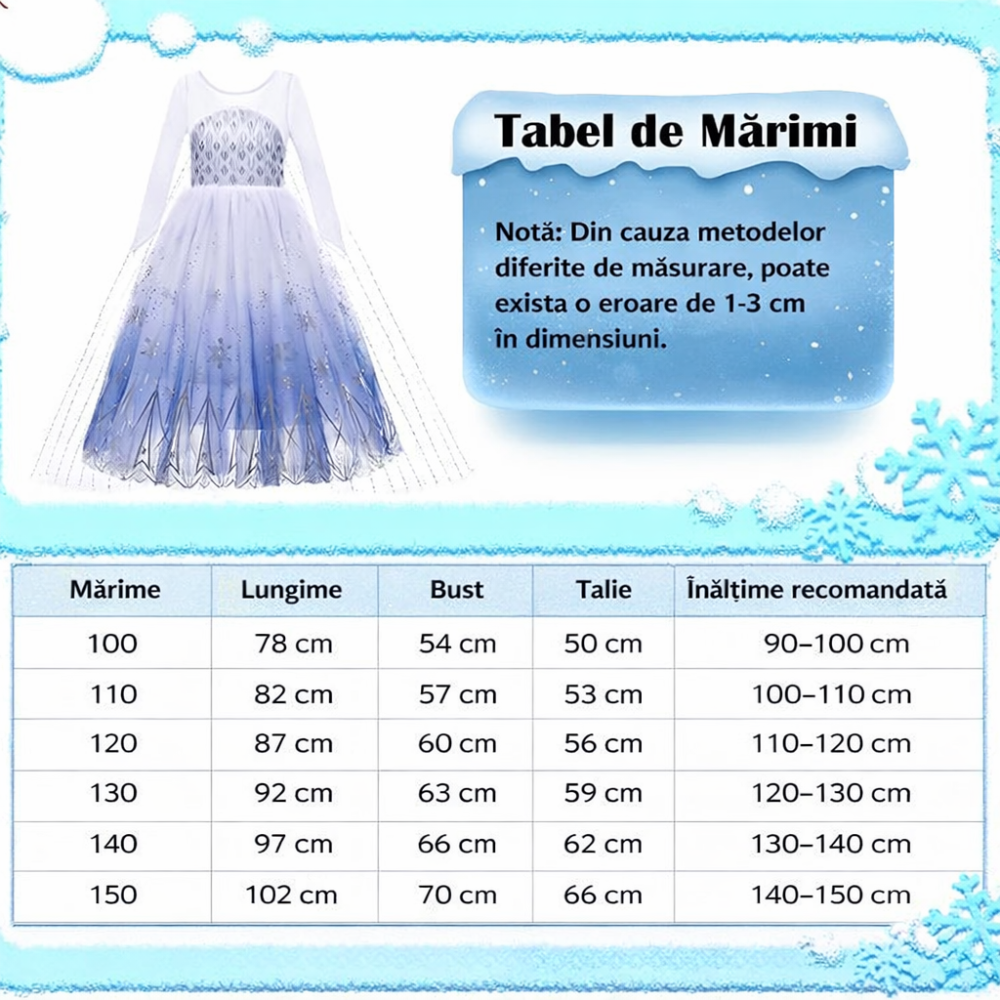 Costum Prințesa Elsa pentru Fete – Rochie Frozen cu Trena, Coroană și Baghetă Magică, Alb–Albastru, Marime 140 [7]