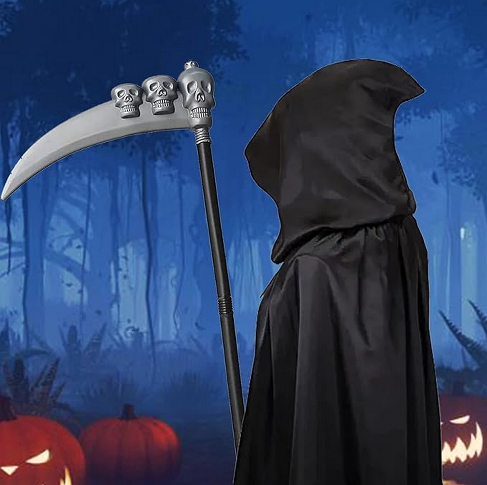 Costum Sensenmann BARVERE pentru Halloween & Carnaval, Unisex, cu guler pentru gat, Pelerină, Coasă și Mănuși [4]