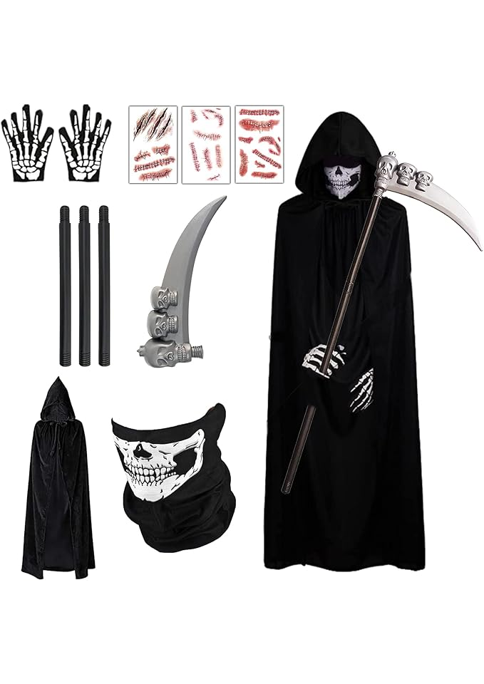 Costum Sensenmann BARVERE pentru Halloween & Carnaval, Unisex, cu guler pentru gat, Pelerină, Coasă și Mănuși [1]