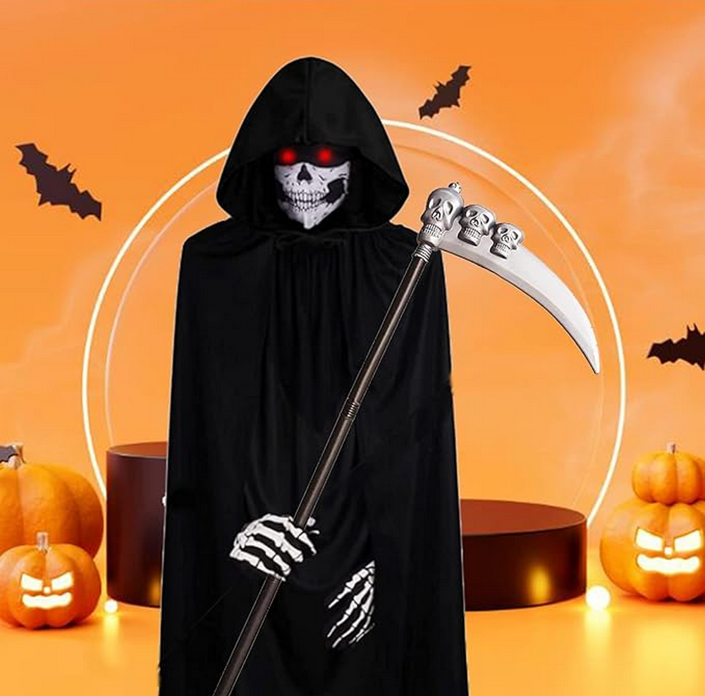 Costum Sensenmann BARVERE pentru Halloween & Carnaval, Unisex, cu guler pentru gat, Pelerină, Coasă și Mănuși [5]
