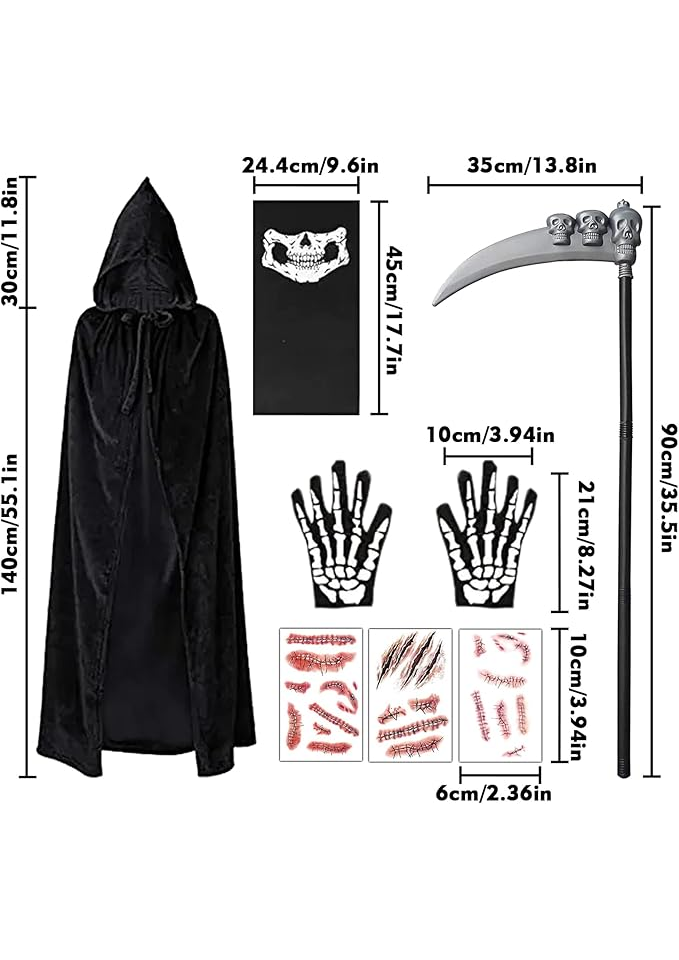 Costum Sensenmann BARVERE pentru Halloween & Carnaval, Unisex, cu guler pentru gat, Pelerină, Coasă și Mănuși [2]