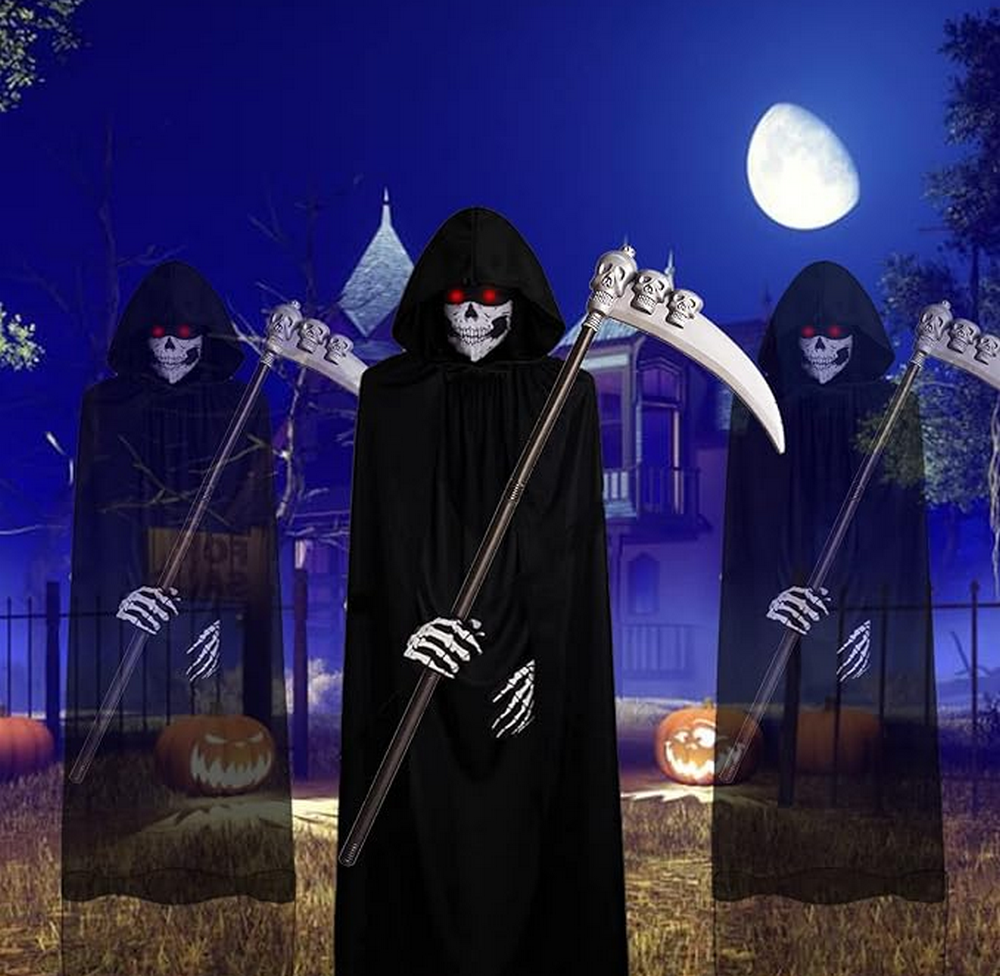 Costum Sensenmann BARVERE pentru Halloween & Carnaval, Unisex, cu guler pentru gat, Pelerină, Coasă și Mănuși [3]
