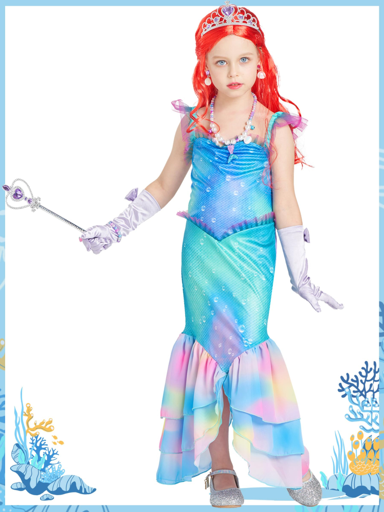 Costum complet de sirena pentru copii cu rochie, peruca si accesorii. [2]