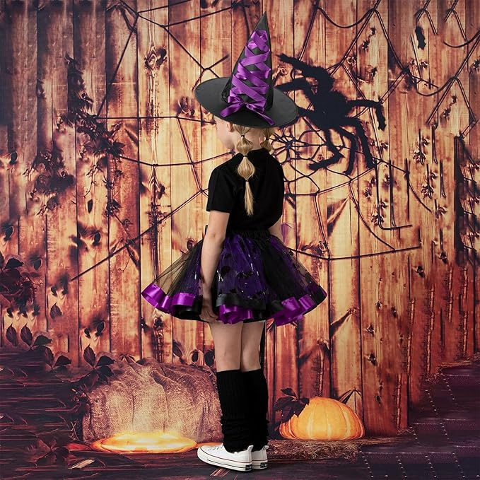 Costum vrăjitoare Halloween fete, Fustă tutu mov-negru, Pălărie și mătură, Set complet cosplay cu tatuaje temporare, Marime M, 4–6 ani [7]