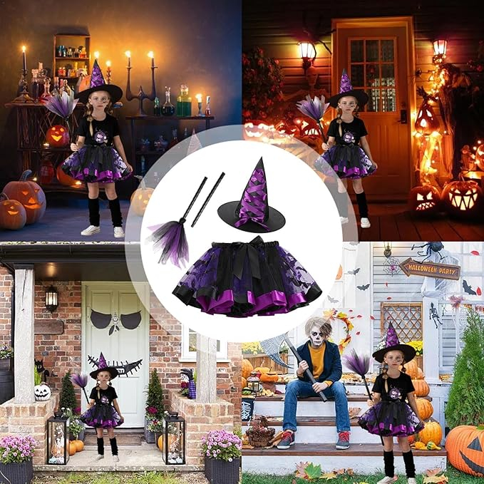 Costum vrăjitoare Halloween fete, Fustă tutu mov-negru, Pălărie și mătură, Set complet cosplay cu tatuaje temporare, Marime M, 4–6 ani [8]