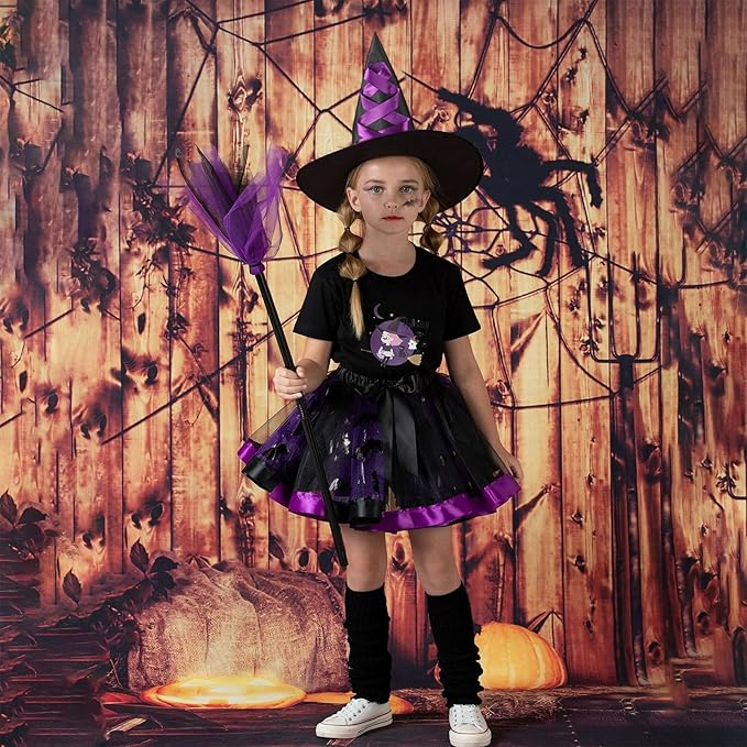 Costum vrăjitoare Halloween fete, Fustă tutu mov-negru, Pălărie și mătură, Set complet cosplay cu tatuaje temporare, Marime M, 4–6 ani [4]