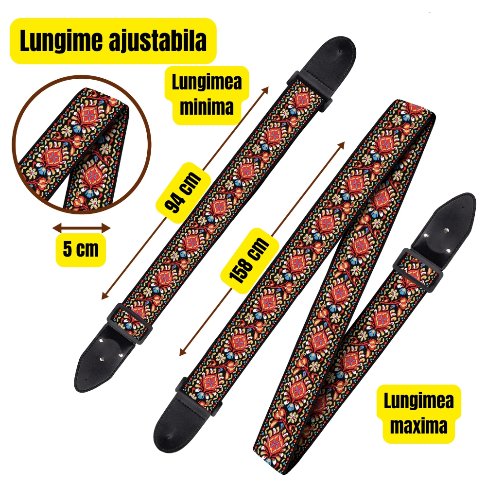 Curea pentru Chitara Electrica / Acustica, Art Tribute, Model Vintage, cu Buzunar pentru Pana + 2 Pene asortate, Textil, Ajustabila, 94 - 158 cm [4]