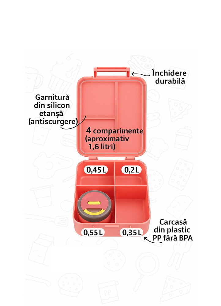 Cutie pranz pentru Copii, cu Termos de 237 ml, 4 Compartimente, și Tacâmuri – Model „Funny Cat” [6]
