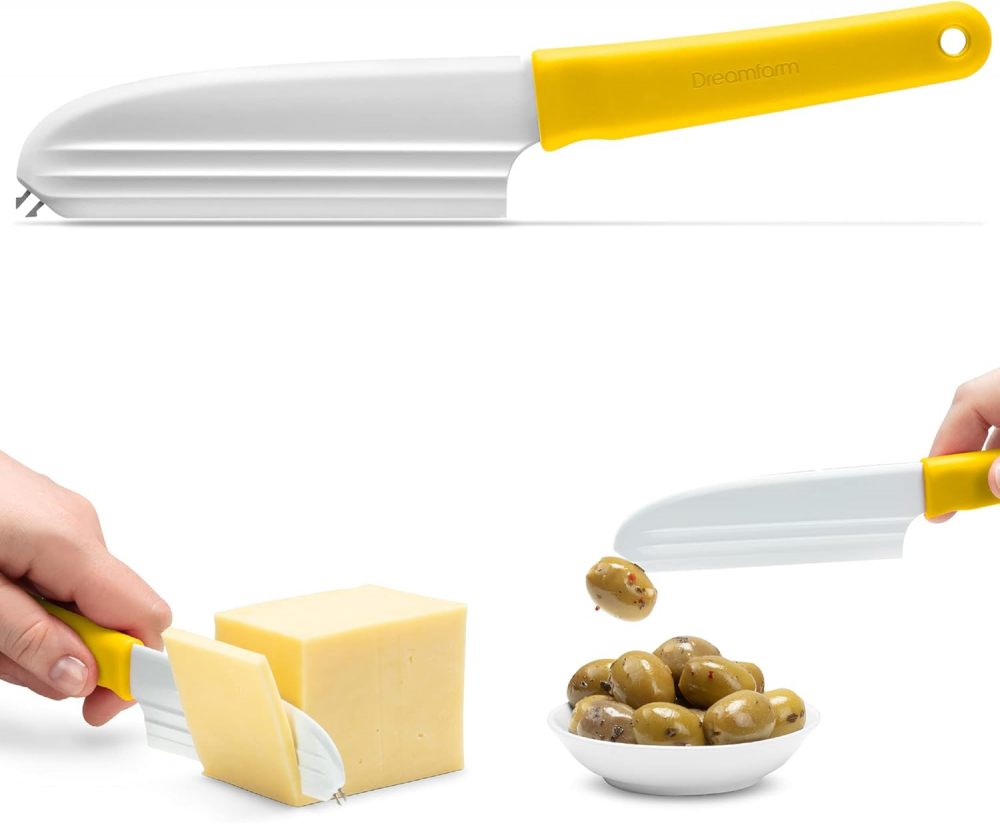 Cutit pentru Branzeturi si Charcuterie, Dreamfarm Knibble Lite, cu Lama non-stick si Furculita Incorporata, Pentru Taiat, Intins si Servit, 23 cm, Galben [1]