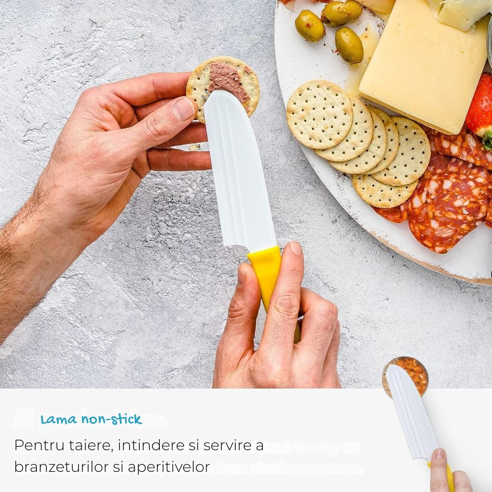 Cutit pentru Branzeturi si Charcuterie, Dreamfarm Knibble Lite, cu Lama non-stick si Furculita Incorporata, Pentru Taiat, Intins si Servit, 23 cm, Galben [3]
