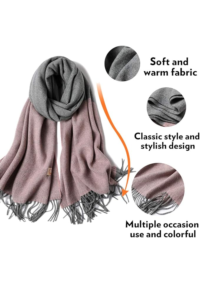 Esarfa tip pashmina STORY OF SHANGHAI pentru femei, calduroasa, eleganta si versatila, cu franjuri decorative, 194x67 cm, gri/roz [4]