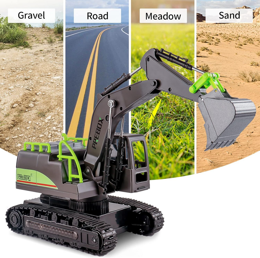 Excavator cu telecomanda RC, Cupa Metalica,  lumini si sunete, scara 1/14 2.4Ghz, rotatie 360, jucarie ideala pentru baieti 4-12 ani, PREBOX, negru/verde [6]