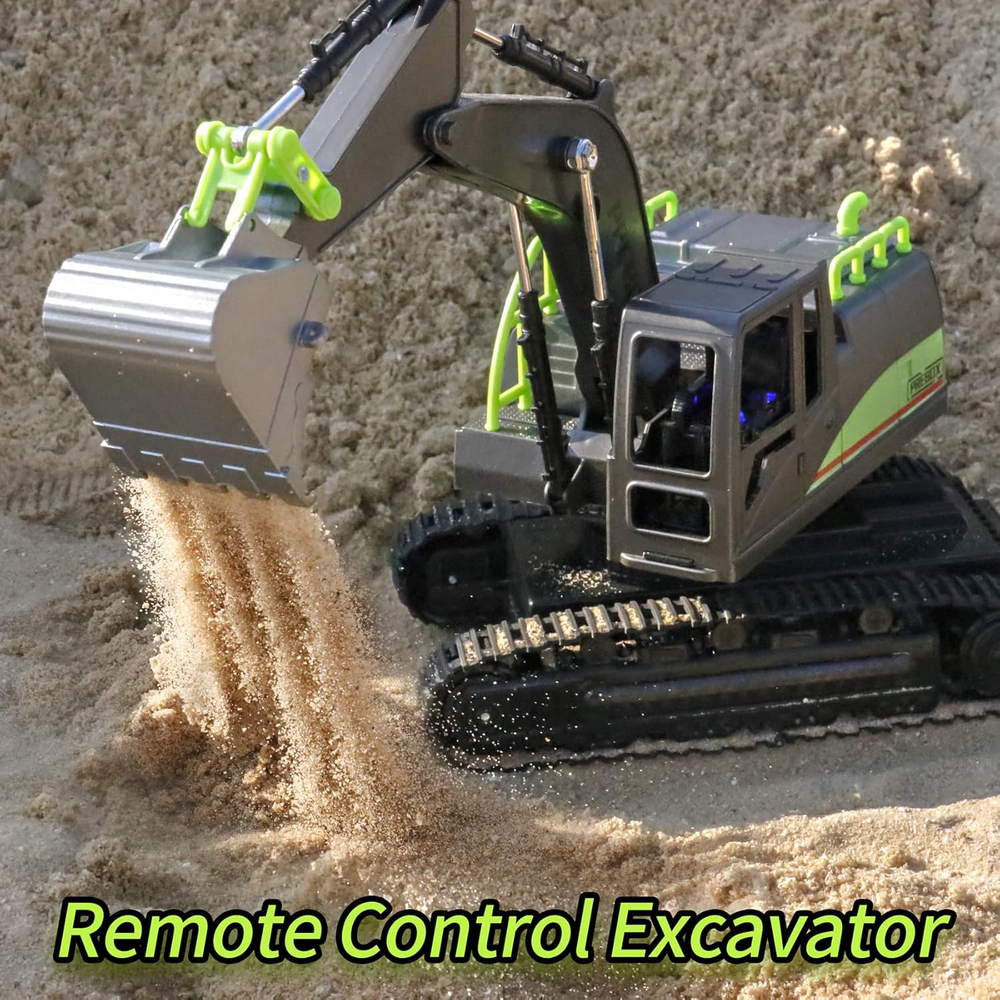 Excavator cu telecomanda RC, Cupa Metalica,  lumini si sunete, scara 1/14 2.4Ghz, rotatie 360, jucarie ideala pentru baieti 4-12 ani, PREBOX, negru/verde [3]