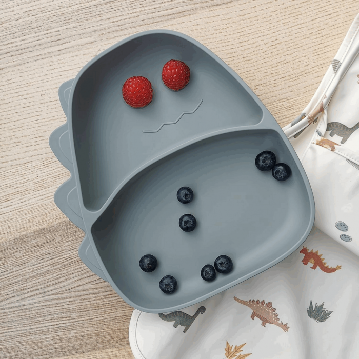 Farfurie din silicon pentru bebelusi Dino, fara BPA certificat LFGB, UneeQbaby, Gri [3]