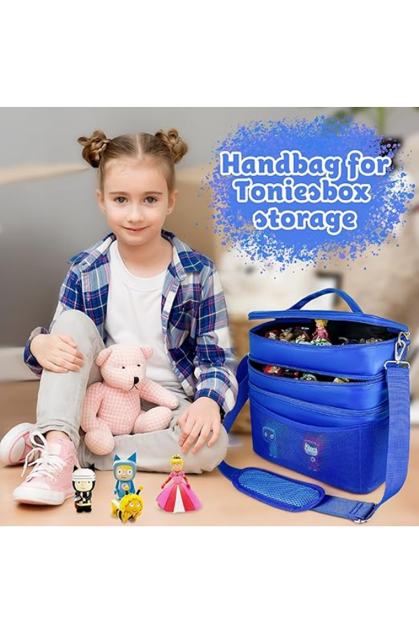 Geanta organizatoare pentru jucarii, cu 3 compartimente, ideala pentru Toniebox, Tigerbox, figurine audio, casti si accesorii, albastru/piele [5]