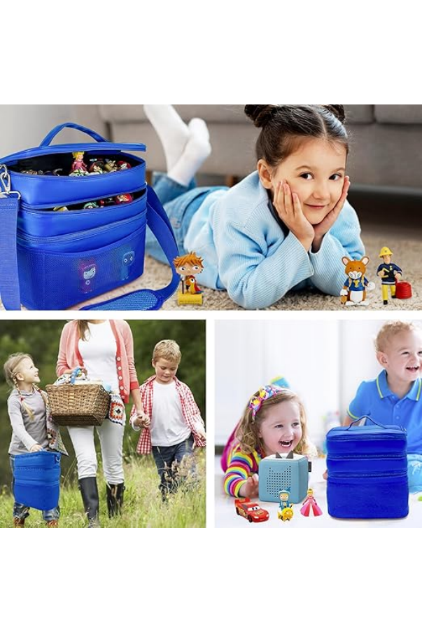 Geanta organizatoare pentru jucarii, cu 3 compartimente, ideala pentru Toniebox, Tigerbox, figurine audio, casti si accesorii, albastru/piele [6]