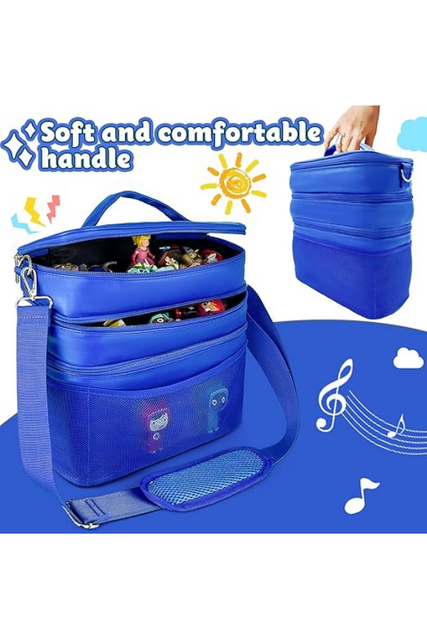 Geanta organizatoare pentru jucarii, cu 3 compartimente, ideala pentru Toniebox, Tigerbox, figurine audio, casti si accesorii, albastru/piele [2]