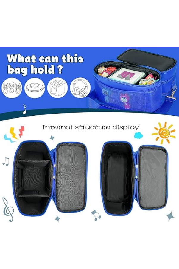 Geanta organizatoare pentru jucarii, cu 3 compartimente, ideala pentru Toniebox, Tigerbox, figurine audio, casti si accesorii, albastru/piele [4]