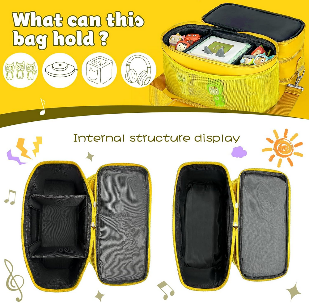 Geanta organizatoare pentru jucarii, cu 3 compartimente, ideala pentru Toniebox, Tigerbox, figurine audio, casti si accesorii, galben/piele [4]
