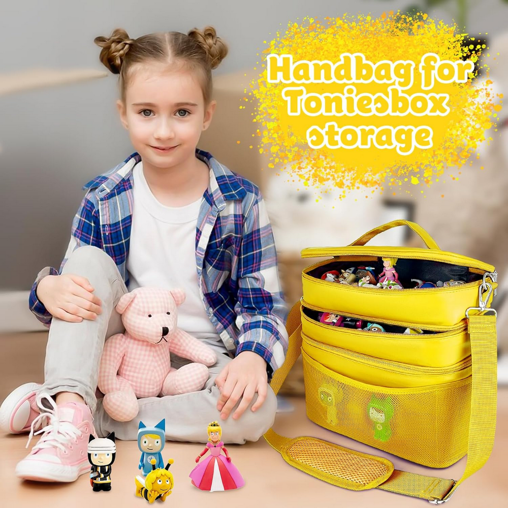 Geanta organizatoare pentru jucarii, cu 3 compartimente, ideala pentru Toniebox, Tigerbox, figurine audio, casti si accesorii, galben/piele [5]