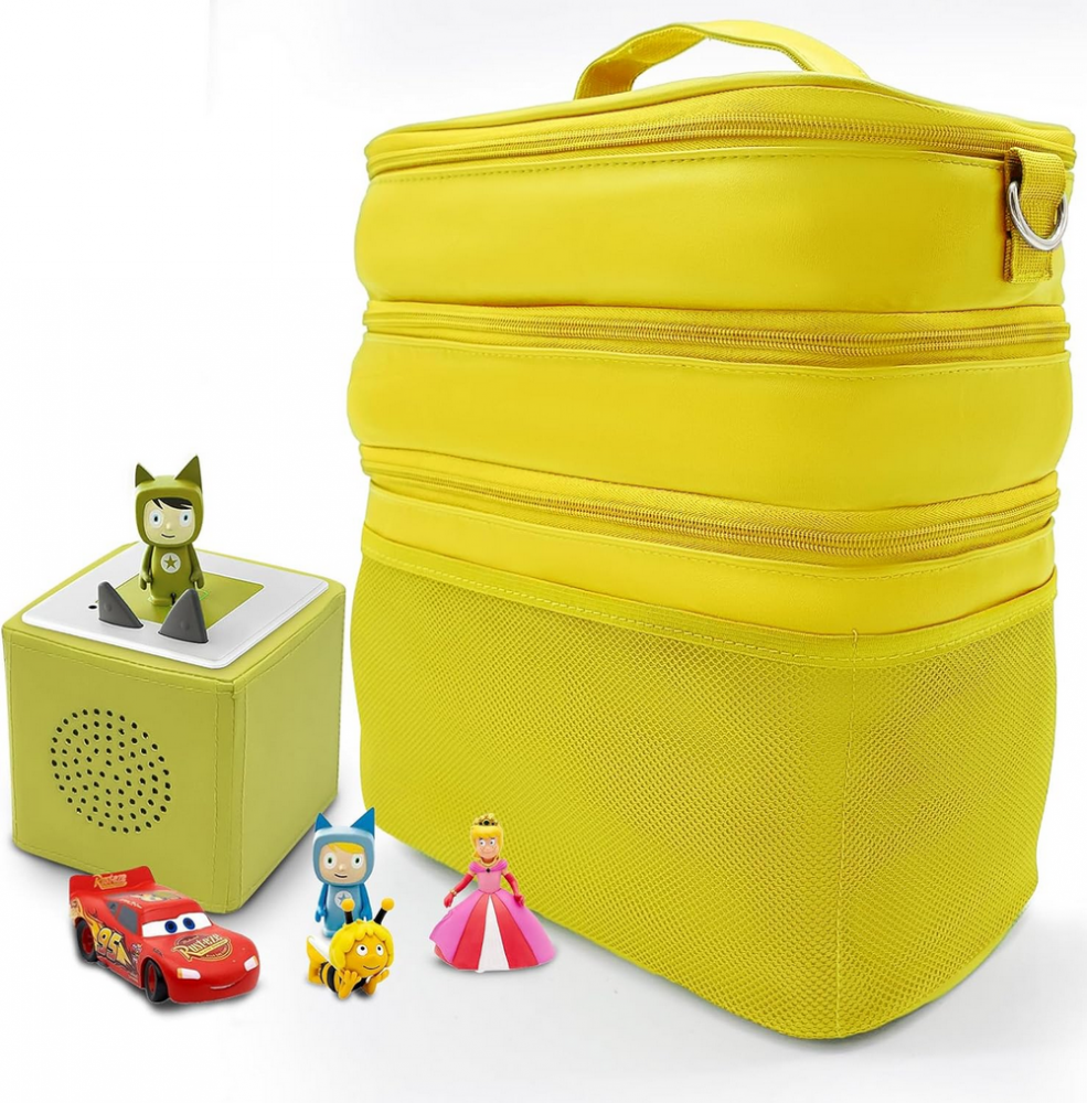 Geanta organizatoare pentru jucarii, cu 3 compartimente, ideala pentru Toniebox, Tigerbox, figurine audio, casti si accesorii, galben/piele [1]