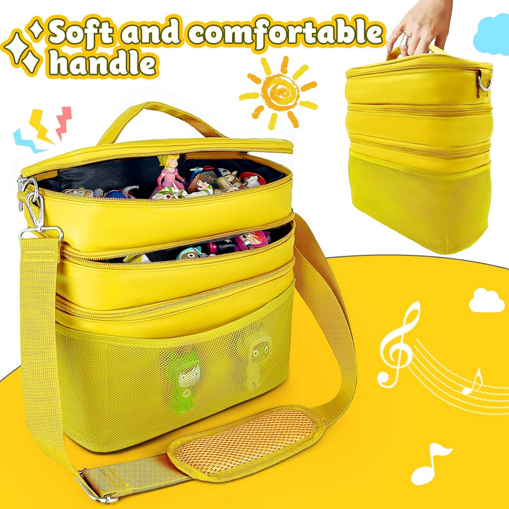 Geanta organizatoare pentru jucarii, cu 3 compartimente, ideala pentru Toniebox, Tigerbox, figurine audio, casti si accesorii, galben/piele [2]
