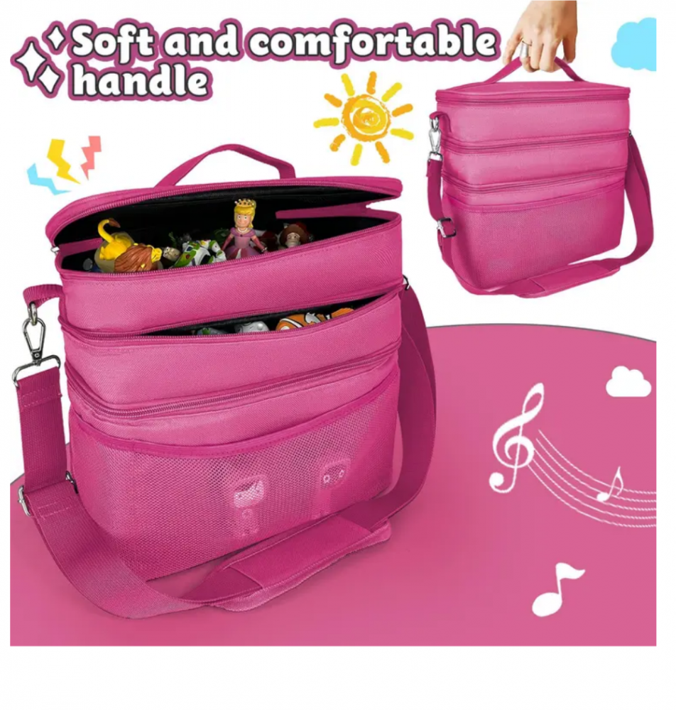 Geanta organizatoare pentru jucarii, cu 3 compartimente, ideala pentru Toniebox, Tigerbox, figurine audio, casti si accesorii, mov/textil [2]